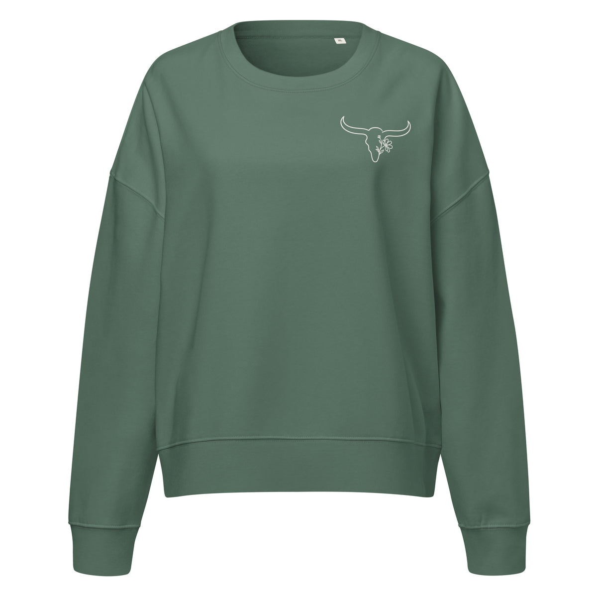 Green organic sweatshirt with embroidered Wildflower Fringe front logo
